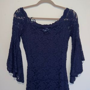 Navy blue lace dress bell sleeves - wedding guest